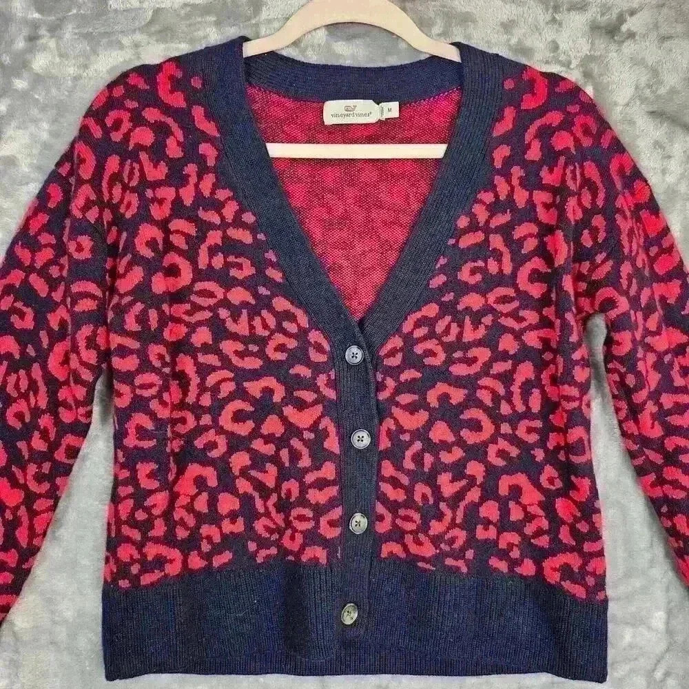 Vineyard Vines Sweater Womens M Red & Navy Leopard Cardigan Academia